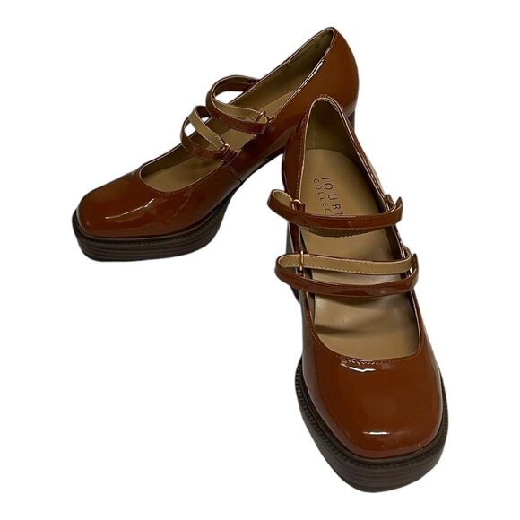 Journee Collection Shasta Vegan Leather Cognac Mary Jane Pumps Size 9.5 WD - Picture 8 of 12
